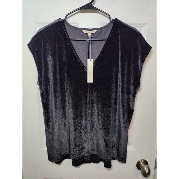 41 Hawthorne Velvet Black Cap-Sleeve V-Neck Stretch Pullover Top L NWT - Picture 2 of 5